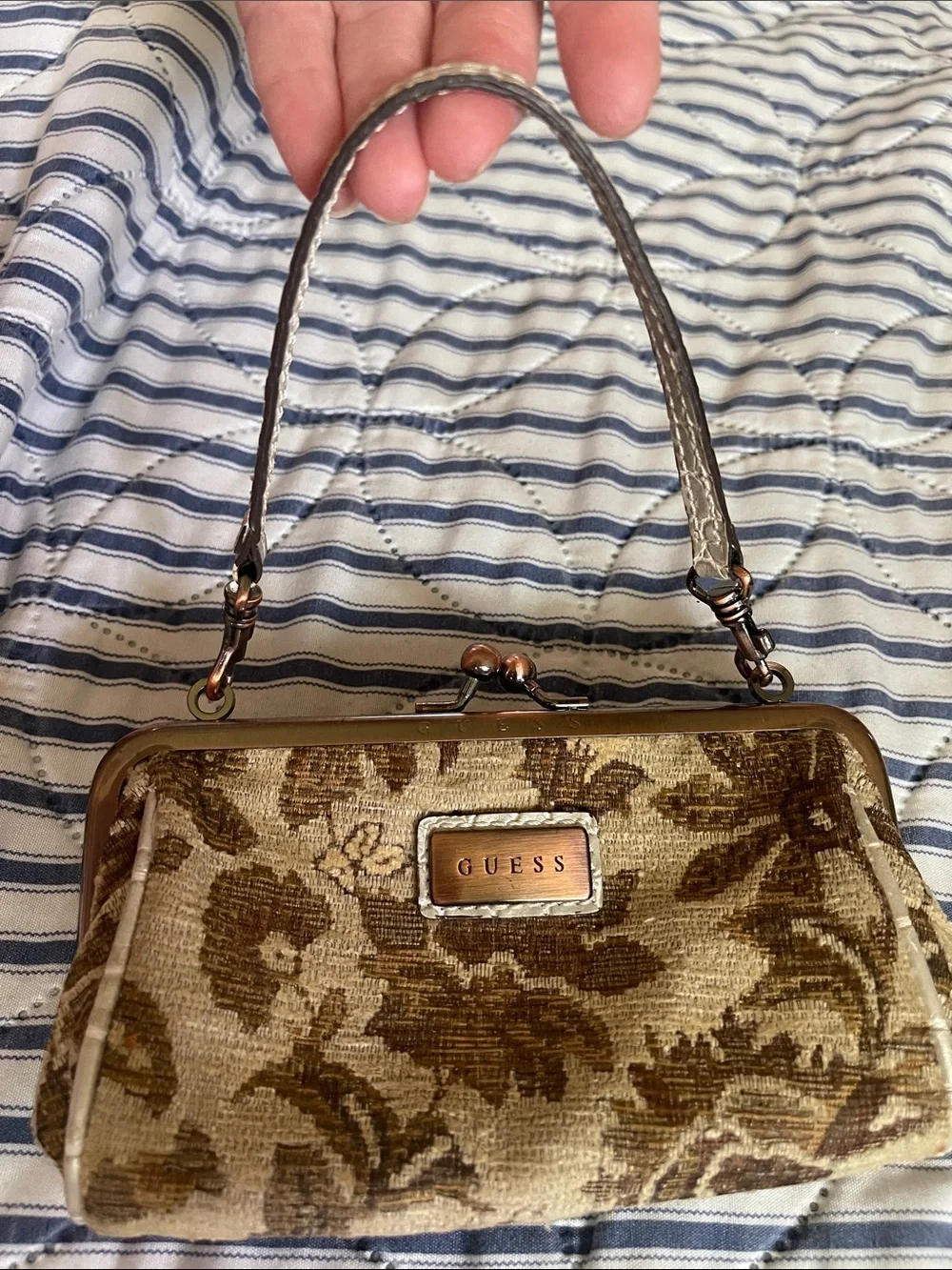 GUESS Gold and Brown Vintage 90s Brocade Top-Handle Frame Mini Bag